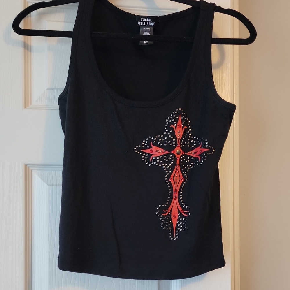 Y2K Black Tank Top with Red Cross Accent